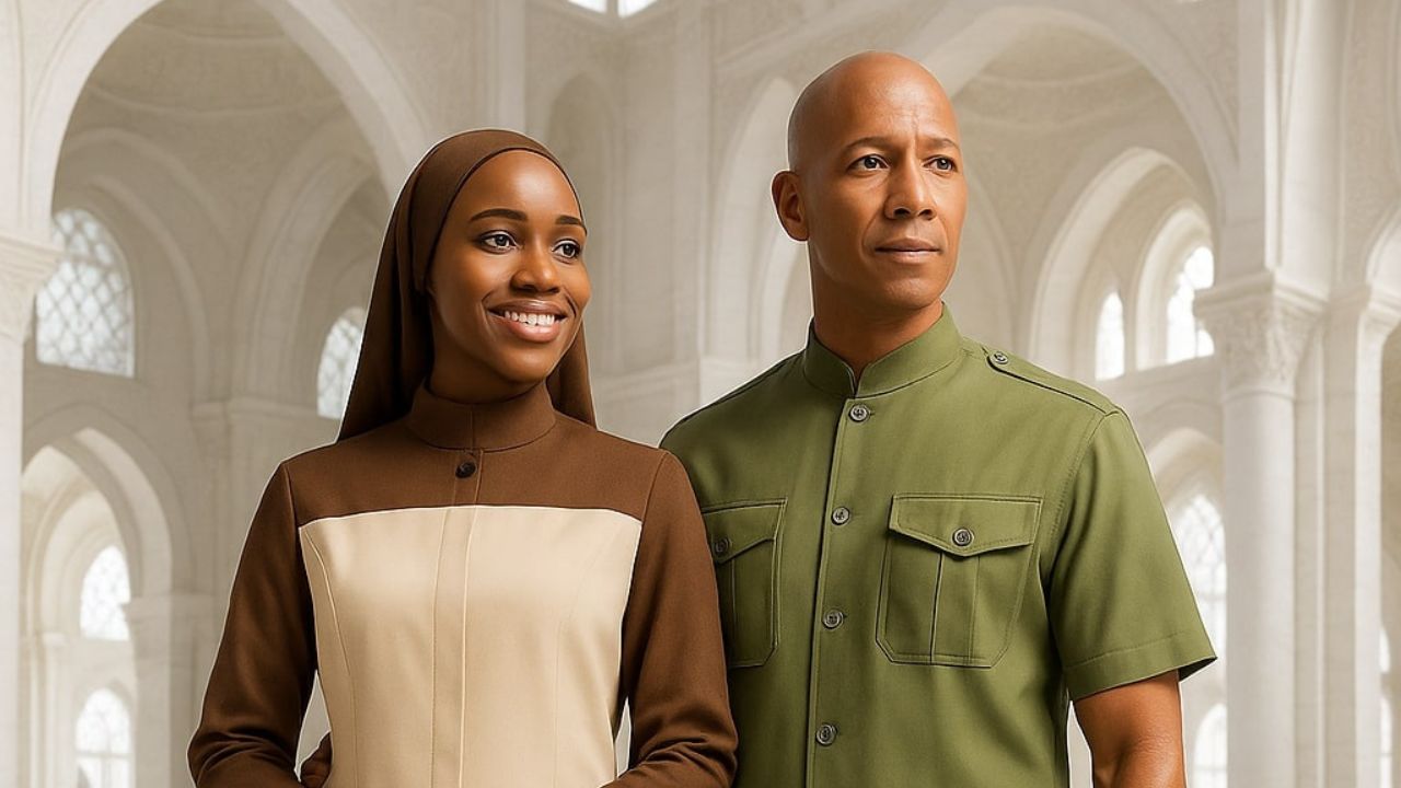 Two people standing in a decorative interior setting