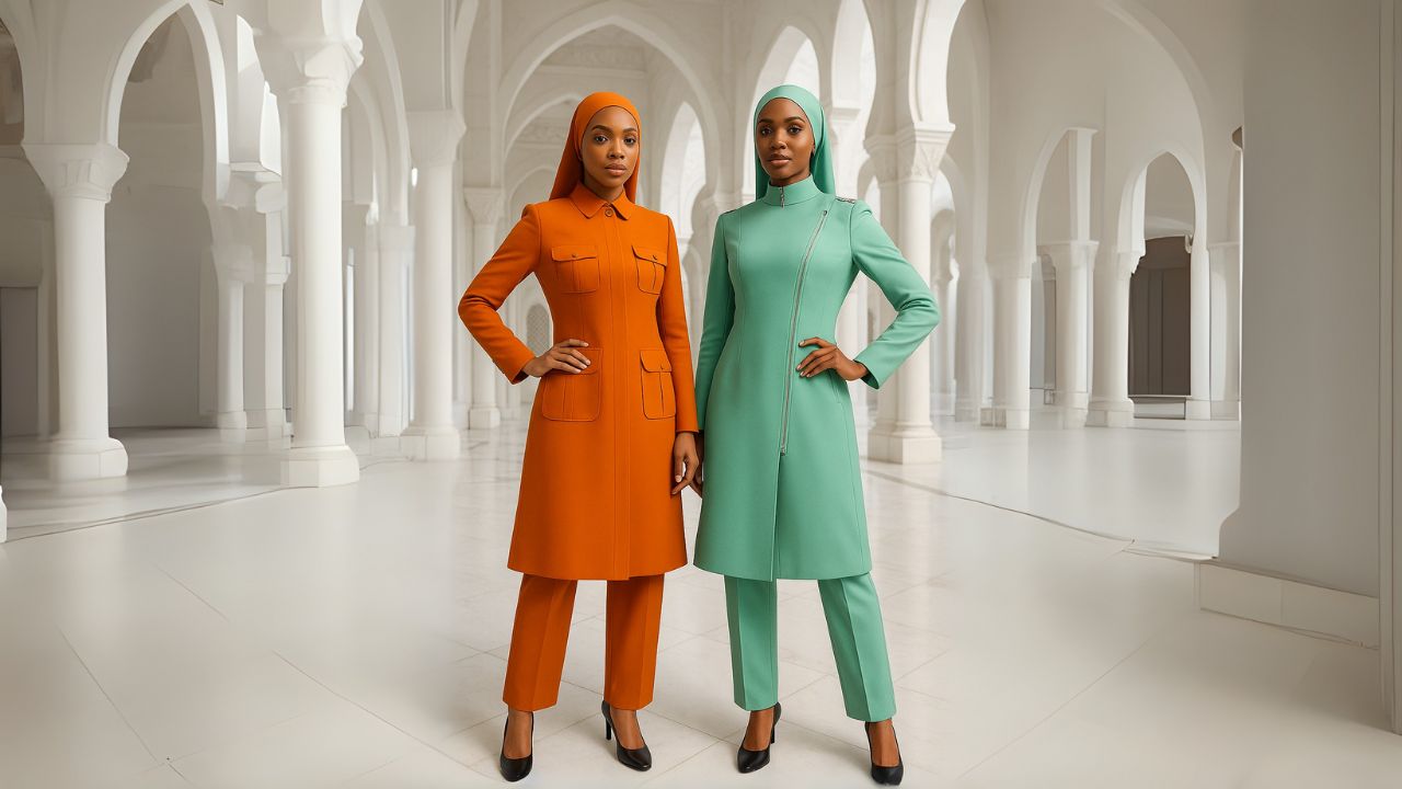 Two women in colorful outfits standing in a white architectural setting