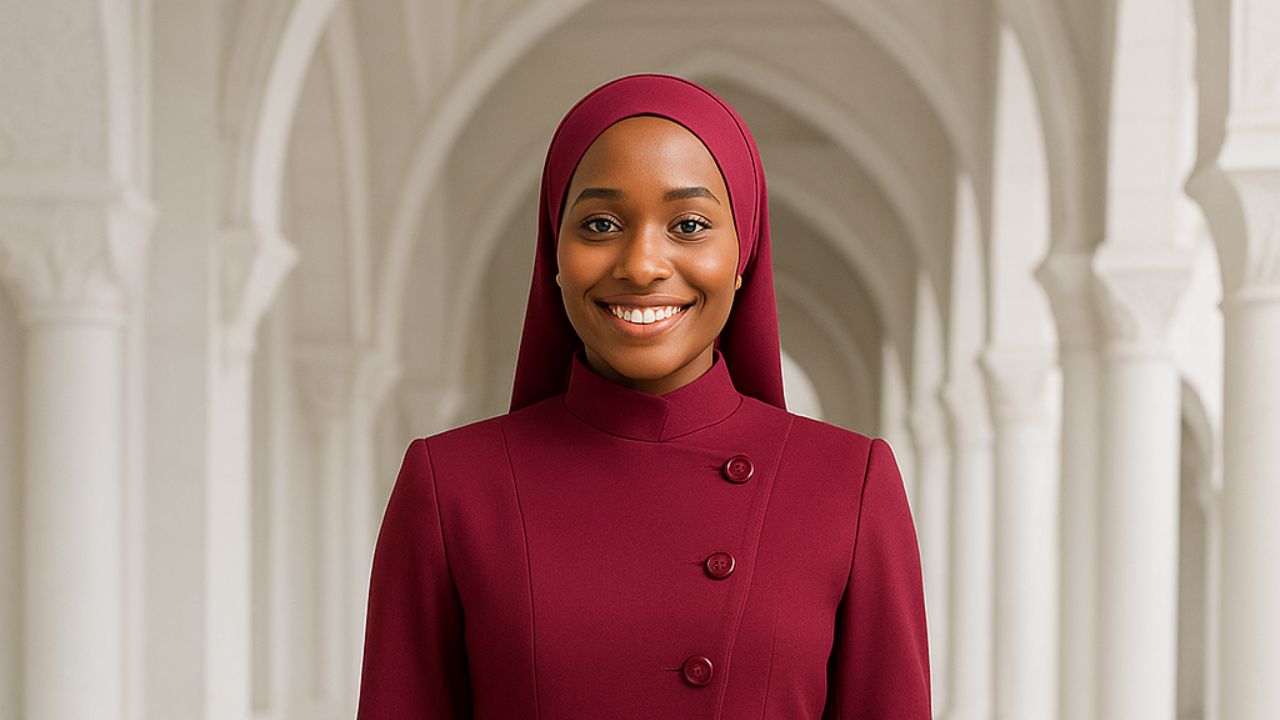 Woman wearing a maroon hijab and coat standing in an archway.