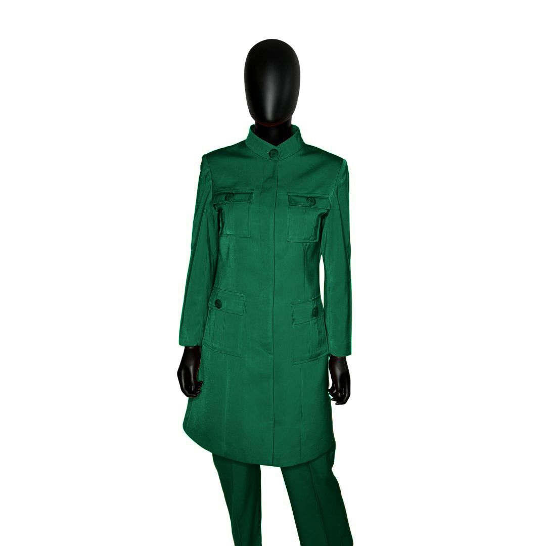 Whole body front view of the Avid three-piece emerald green garment on a mannequin, designed for Muslim sisters in the Nation of Islam who value women's modest clothing.
