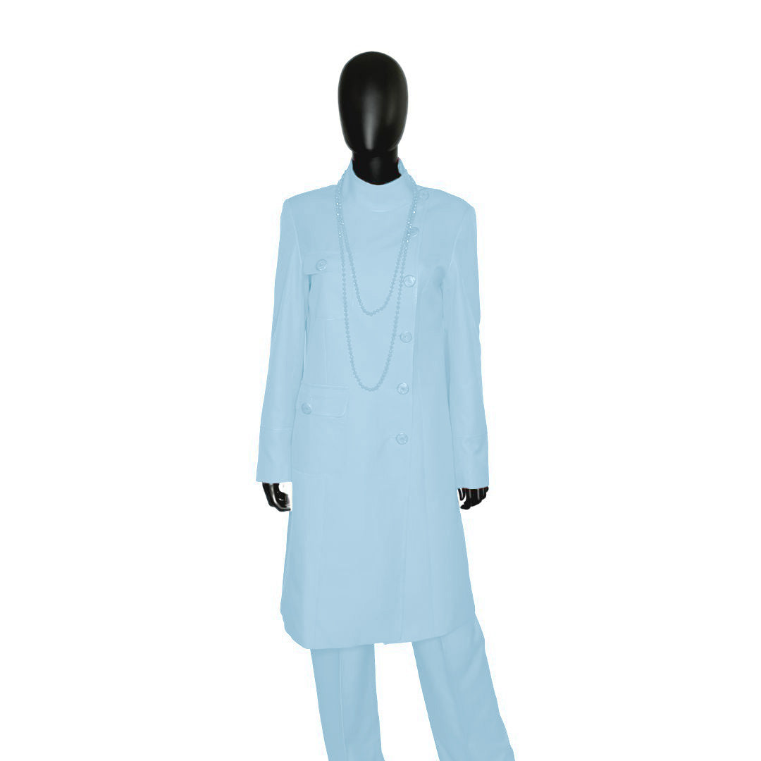 Whole body front view of the Chandra three-piece baby blue garment on a mannequin, designed for Muslim sisters in the Nation of Islam who value women's modest clothing.