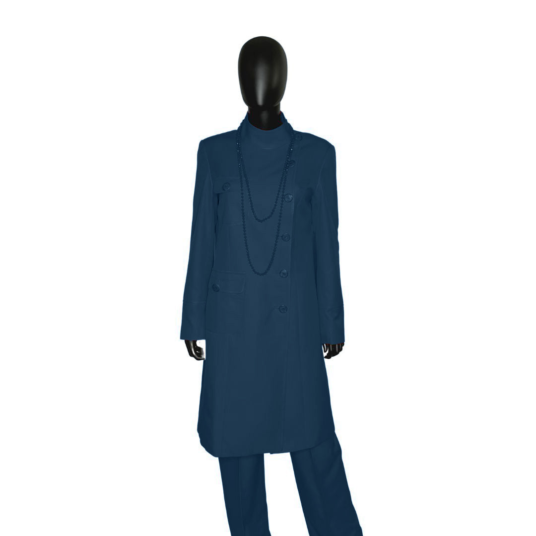 Whole body front view of the Chandra three-piece blue onyx garment on a mannequin, designed for Muslim sisters in the Nation of Islam who value women's modest clothing.