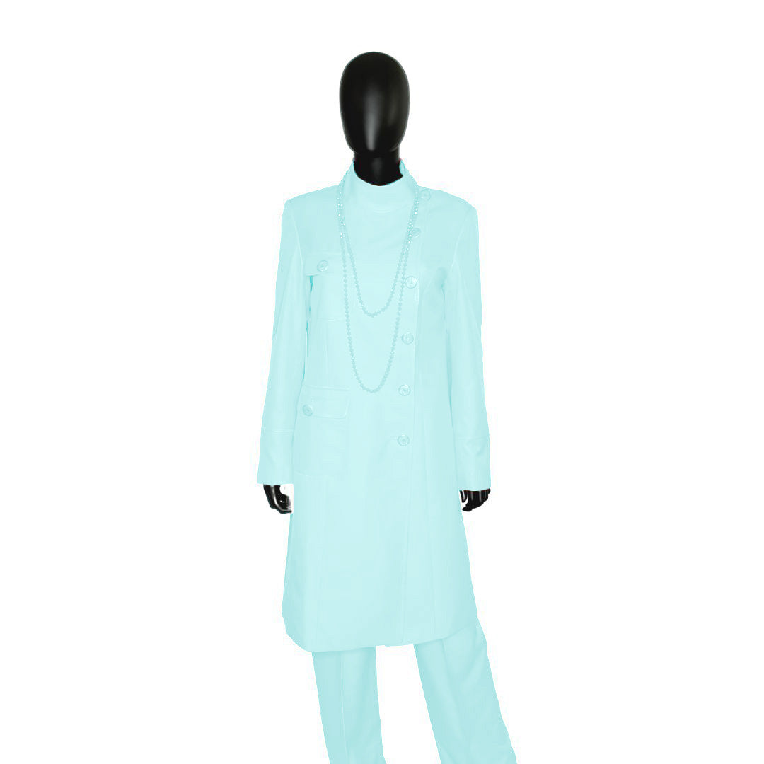 Whole body front view of the Chandra three-piece calm waters garment on a mannequin, designed for Muslim sisters in the Nation of Islam who value women's modest clothing.