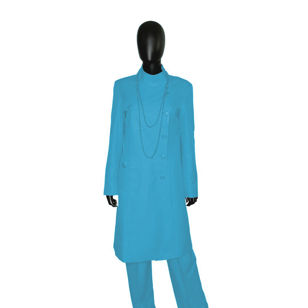 Whole body front view of the Chandra three-piece cerulean wave garment on a mannequin, designed for Muslim sisters in the Nation of Islam who value women's modest clothing.