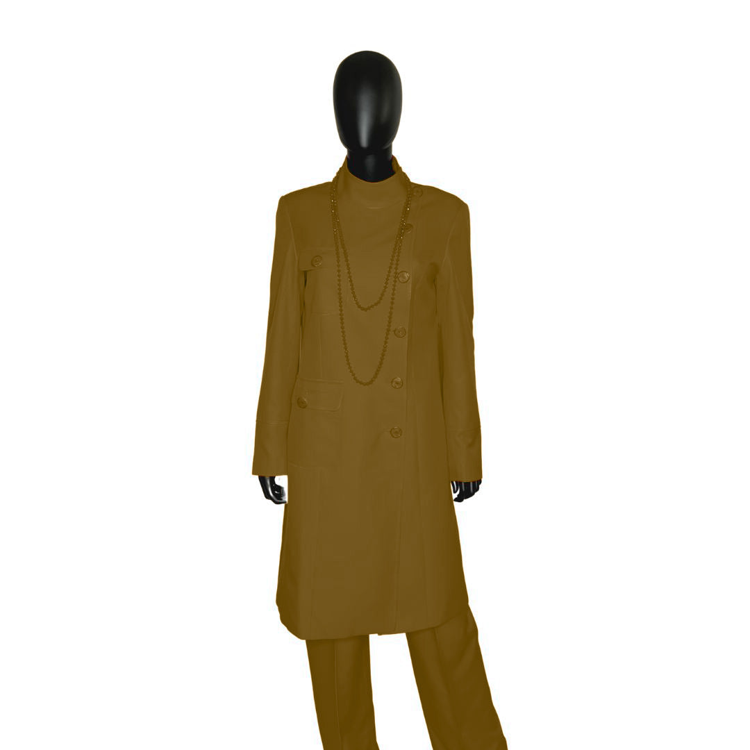 Whole body front view of the Chandra three-piece cocoa dream garment on a mannequin, designed for Muslim sisters in the Nation of Islam who value women's modest clothing.