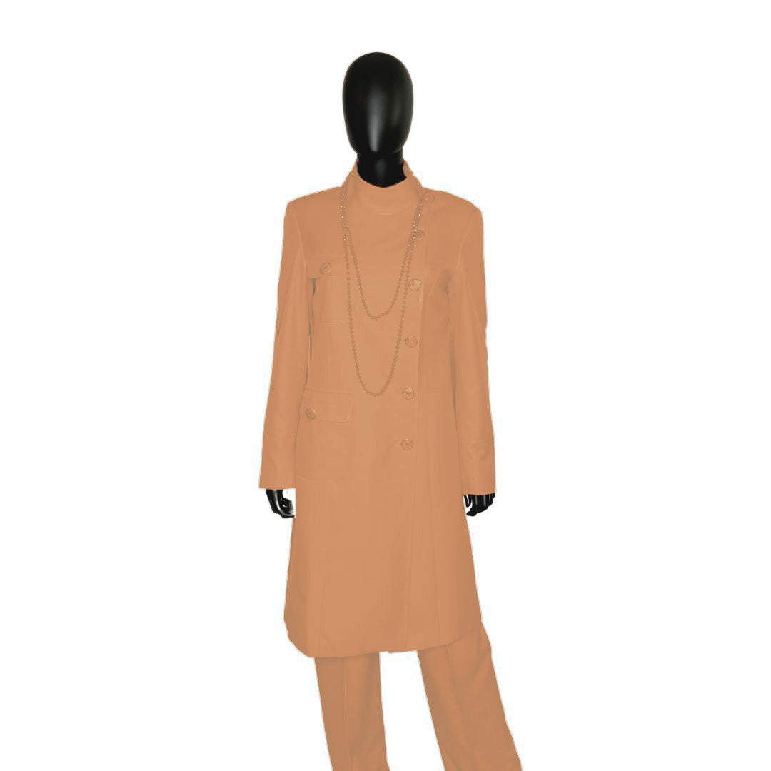 Whole body front view of the Chandra three-piece desert peach garment on a mannequin, designed for Muslim sisters in the Nation of Islam who value women's modest clothing.