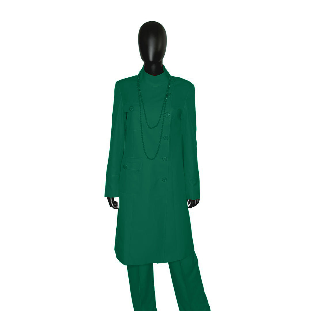 Whole body front view of the Chandra three-piece emerald green garment on a mannequin, designed for Muslim sisters in the Nation of Islam who value women's modest clothing.