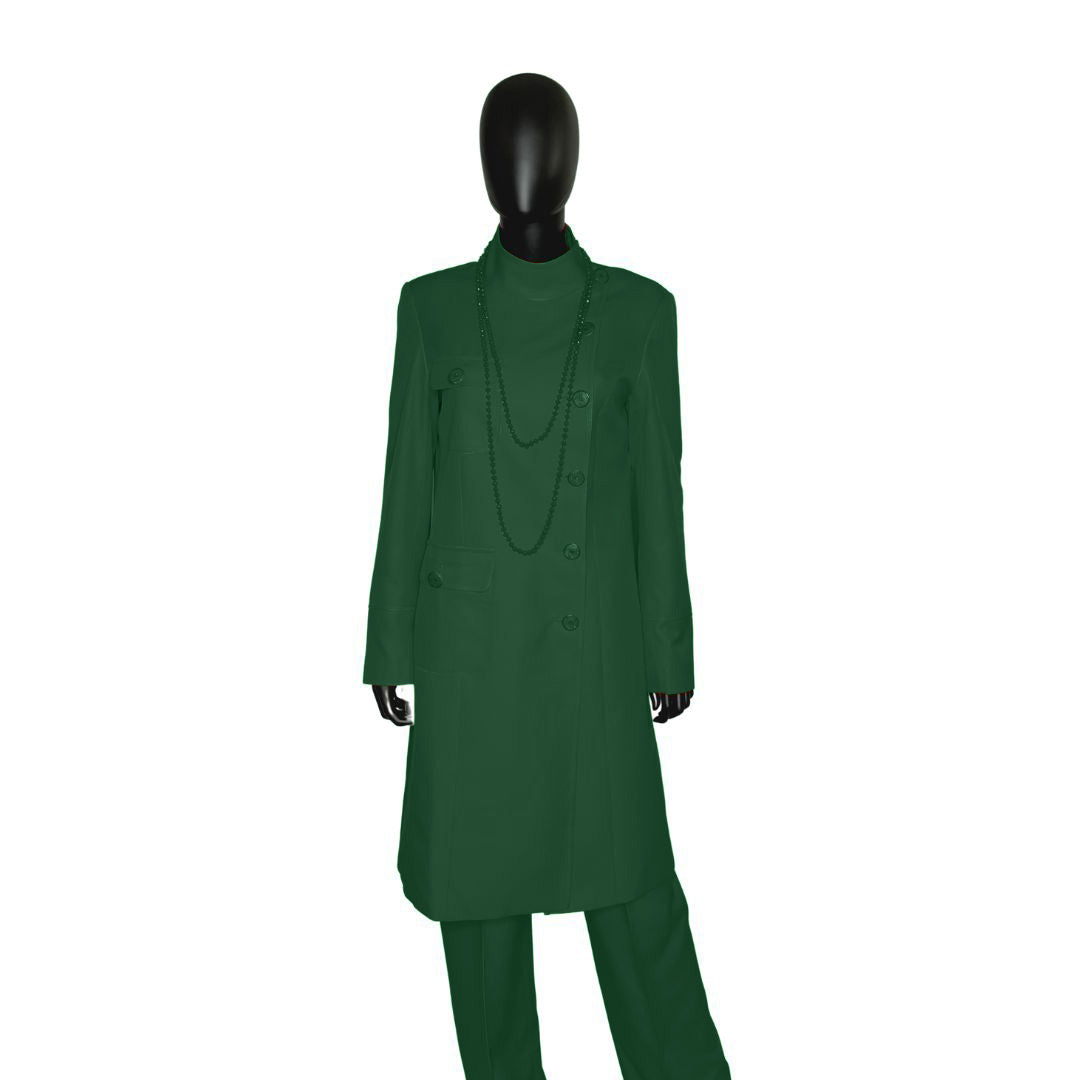 Whole body front view of the Chandra three-piece evergreen essence garment on a mannequin, designed for Muslim sisters in the Nation of Islam who value women's modest clothing.