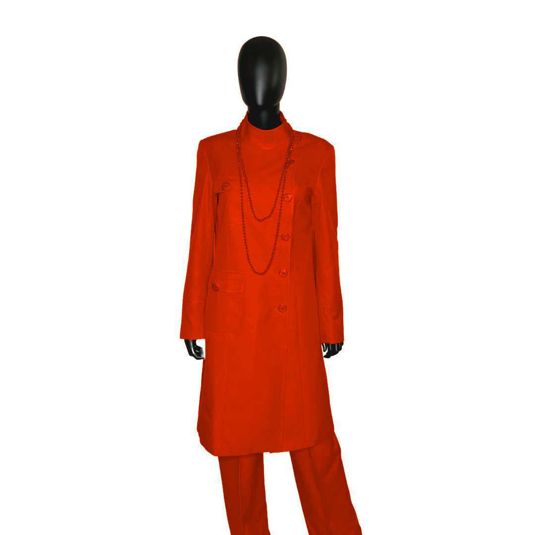 Whole body front view of the Chandra three-piece fiery coral garment on a mannequin, designed for Muslim sisters in the Nation of Islam who value women's modest clothing.