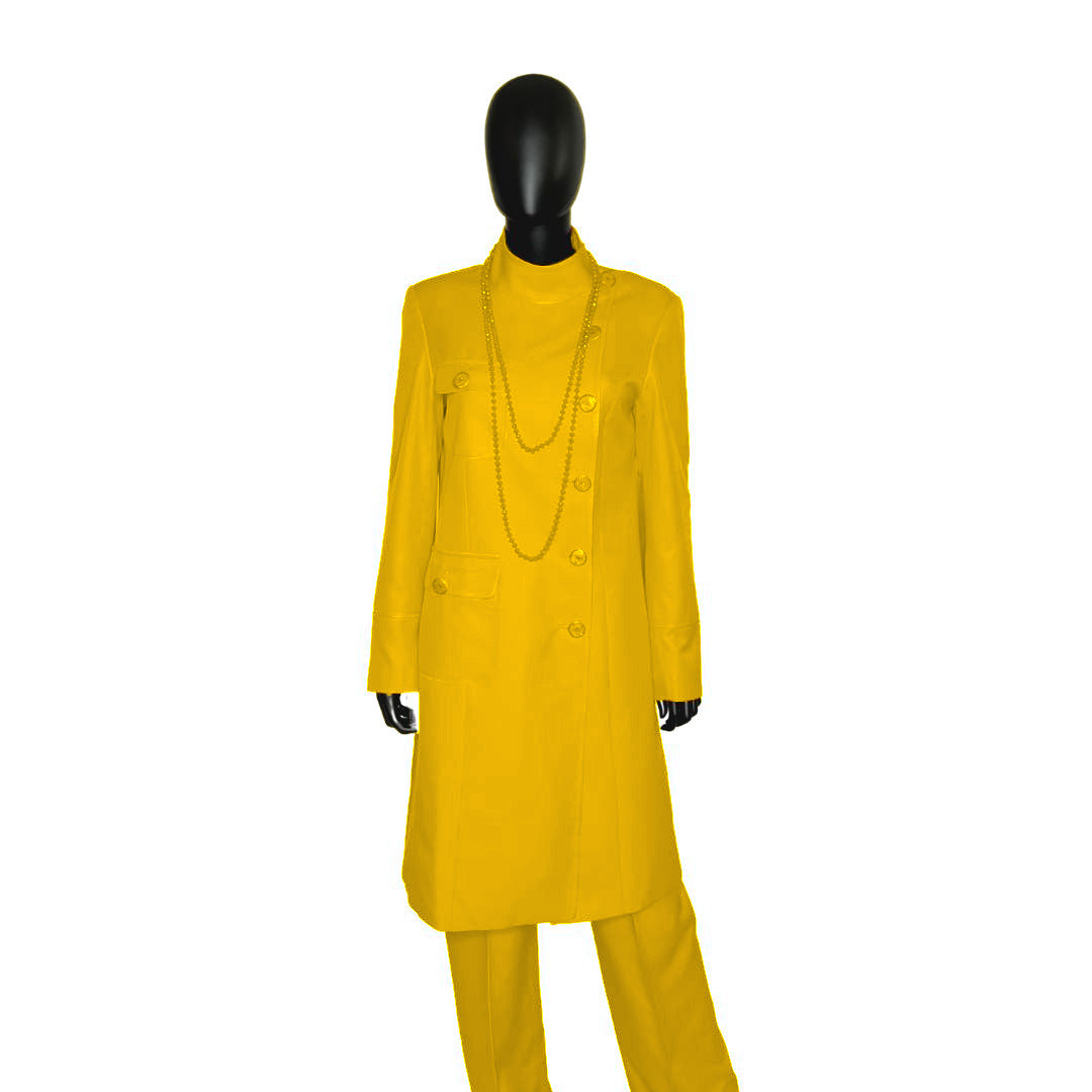 Whole body front view of the Chandra three-piece golden glow garment on a mannequin, designed for Muslim sisters in the Nation of Islam who value women's modest clothing.