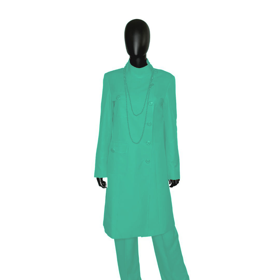 Whole body front view of the Chandra three-piece jade glow garment on a mannequin, designed for Muslim sisters in the Nation of Islam who value women's modest clothing.