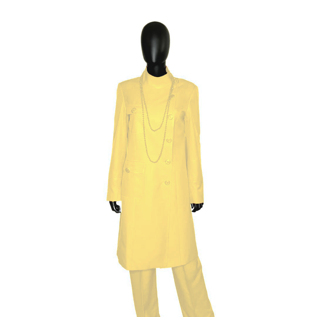 Whole body front view of the Chandra three-piece lemon zest garment on a mannequin, designed for Muslim sisters in the Nation of Islam who value women's modest clothing.