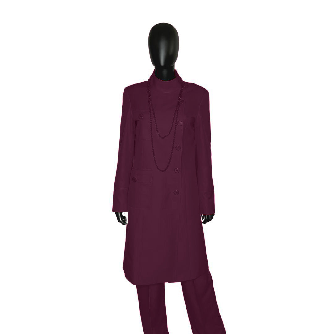 Whole body front view of the Chandra three-piece mystic berry garment on a mannequin, designed for Muslim sisters in the Nation of Islam who value women's modest clothing.