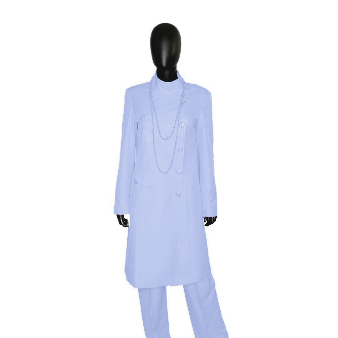 Whole body front view of the Chandra three-piece pale periwinkle garment on a mannequin, designed for Muslim sisters in the Nation of Islam who value women's modest clothing.