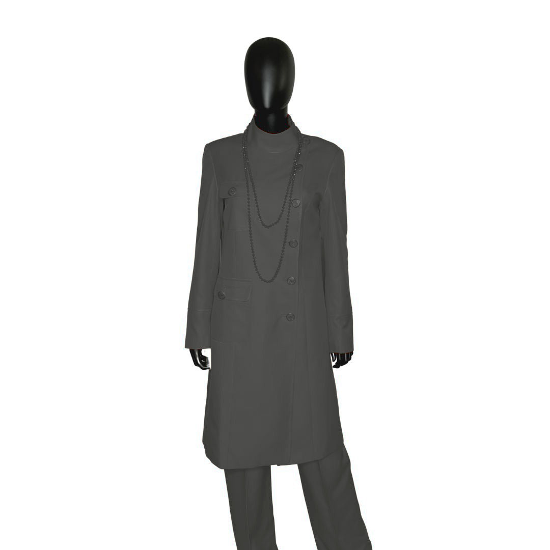 Whole body front view of the Chandra three-piece quiet shade garment on a mannequin, designed for Muslim sisters in the Nation of Islam who value women's modest clothing.