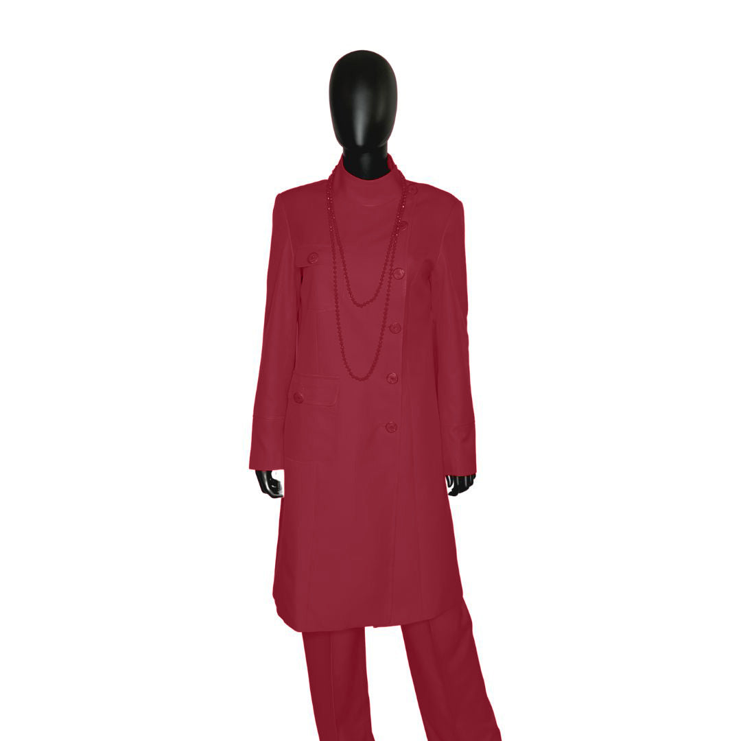 Whole body front view of the Chandra three-piece radiant ruby garment on a mannequin, designed for Muslim sisters in the Nation of Islam who value women's modest clothing.