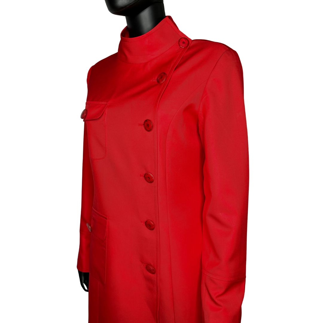 Tilted upper front view 2 of the Chandra three-piece red garment on a mannequin, designed for Muslim sisters in the Nation of Islam who value women's modest clothing.