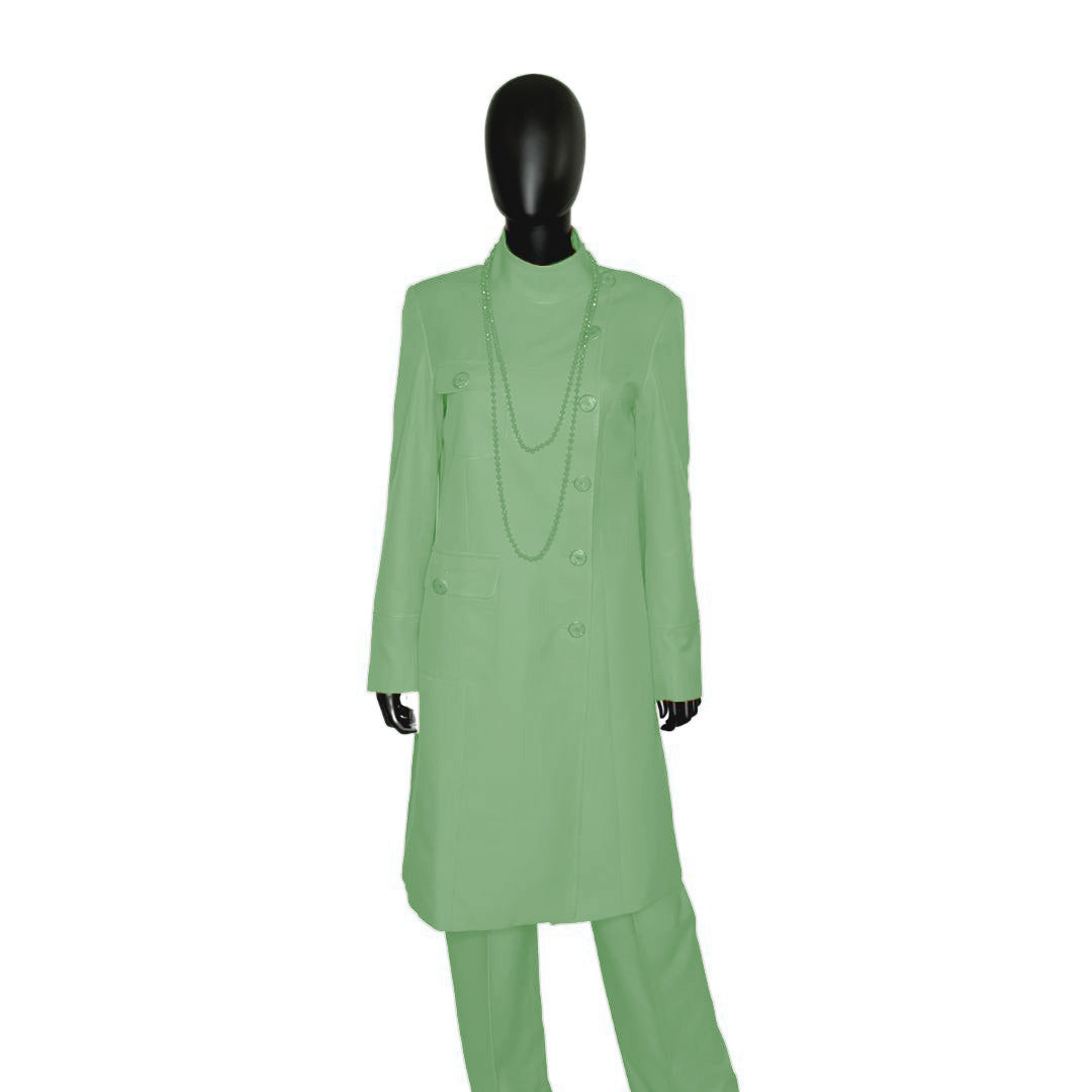 Whole body front view of the Chandra three-piece sage serenity garment on a mannequin, designed for Muslim sisters in the Nation of Islam who value women's modest clothing.