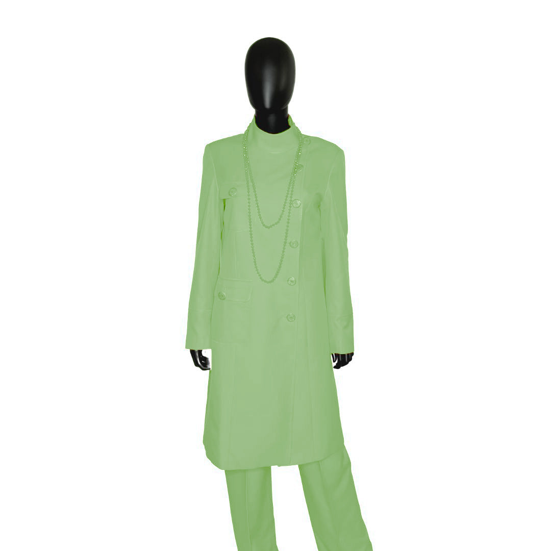 Whole body front view of the Chandra three-piece sage whisper garment on a mannequin, designed for Muslim sisters in the Nation of Islam who value women's modest clothing.