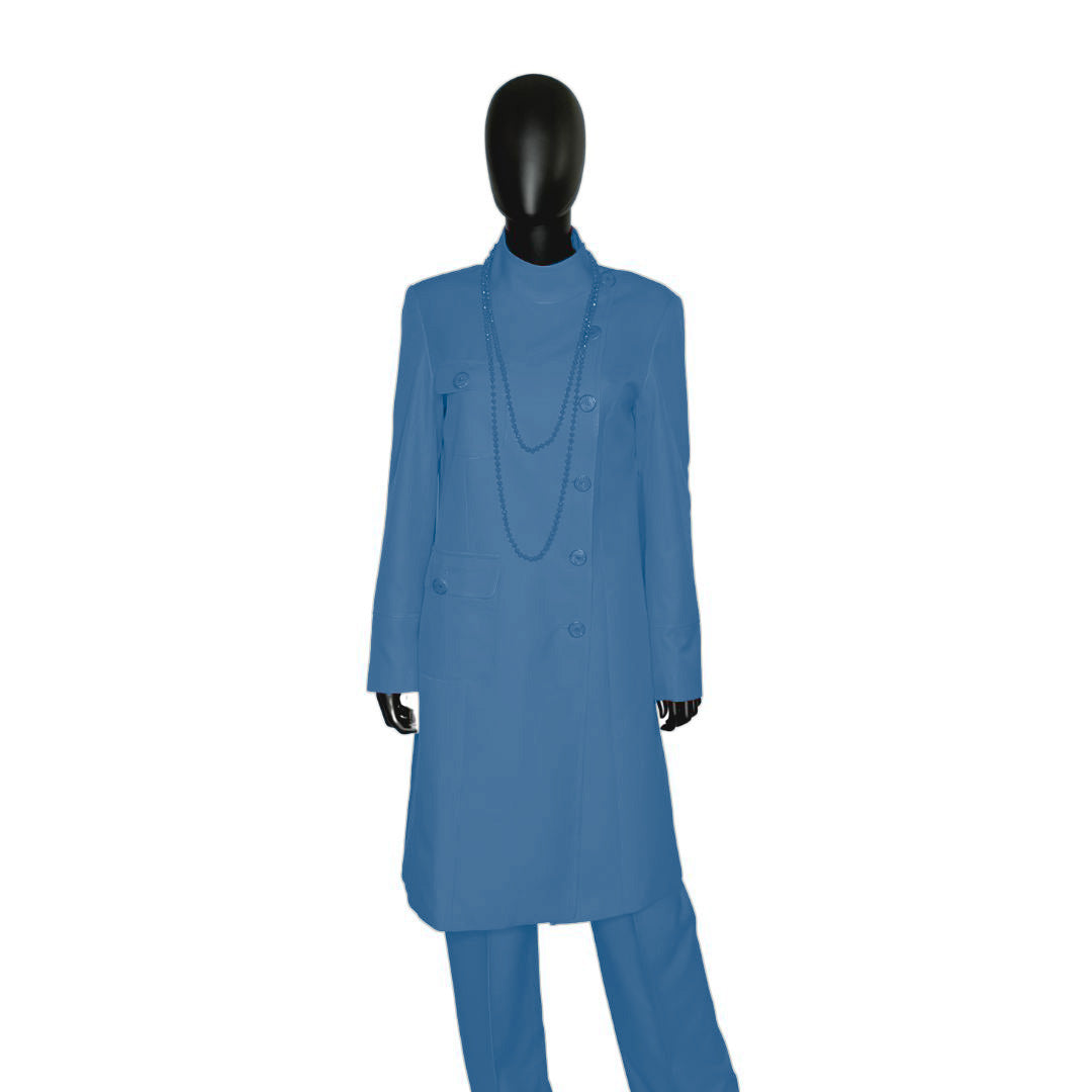 Whole body front view of the Chandra three-piece steel blue garment on a mannequin, designed for Muslim sisters in the Nation of Islam who value women's modest clothing.