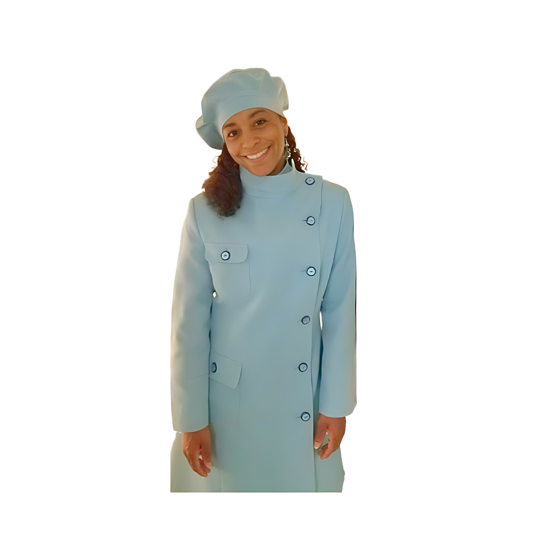 Upper-body front view of Vicky modeling the Aminah three-piece light blue garment, designed for Muslim sisters in the Nation of Islam who value women's modest clothing.