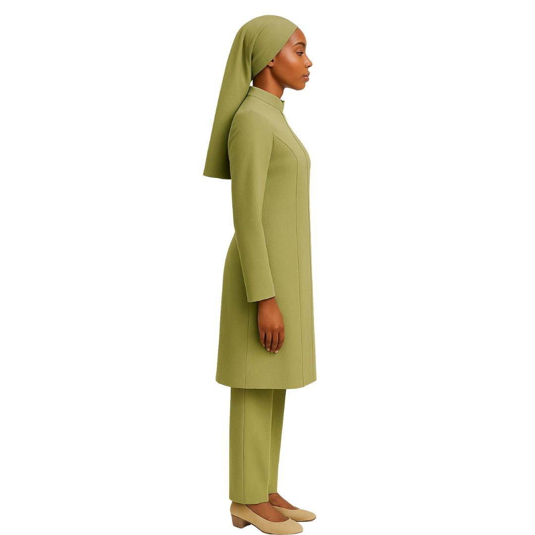 Woman wearing a green outfit with a hijab on a white background