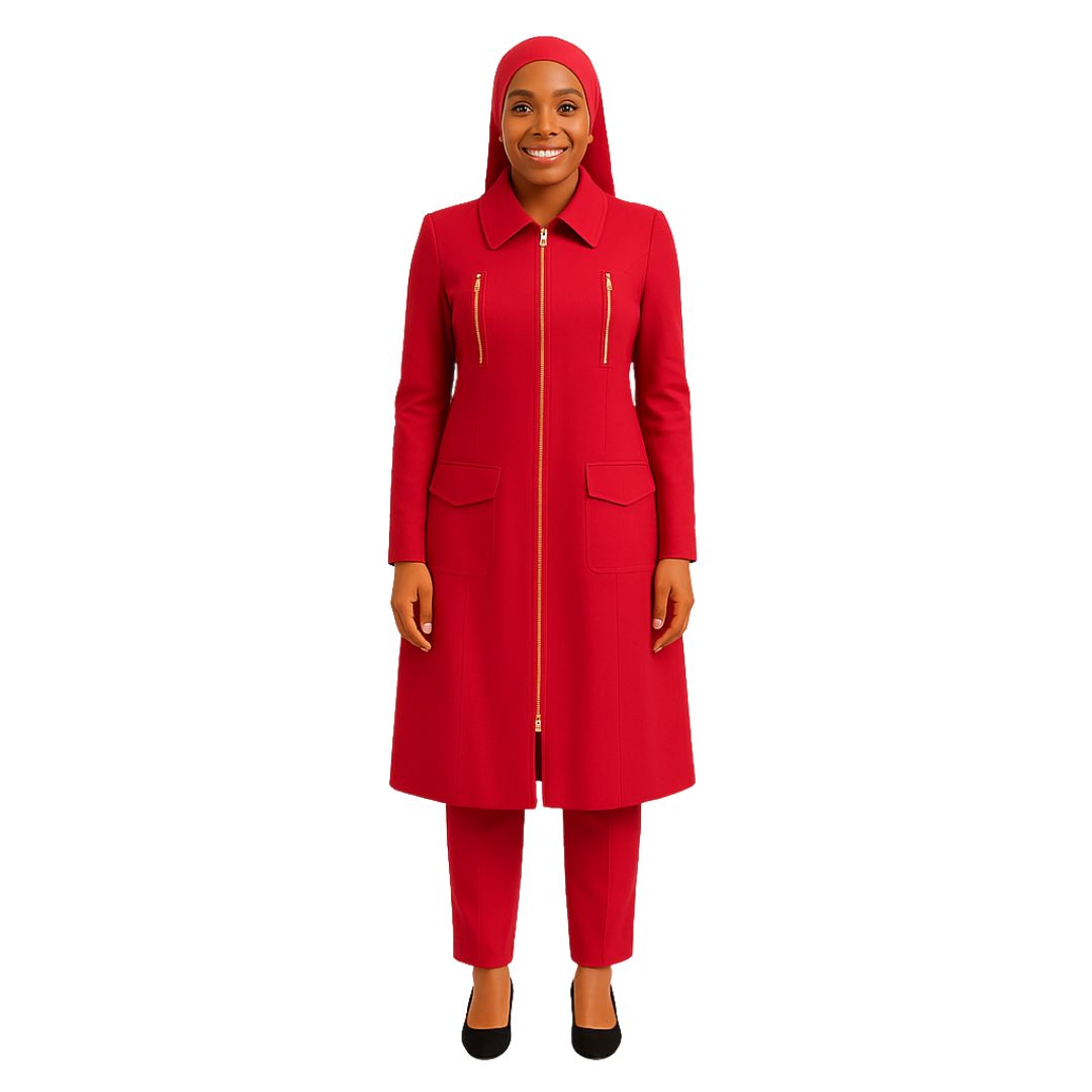 Woman wearing a red outfit with a matching headscarf on a white background