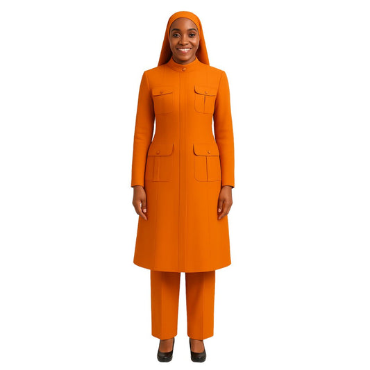 Woman wearing an orange outfit with a matching headscarf on a white background