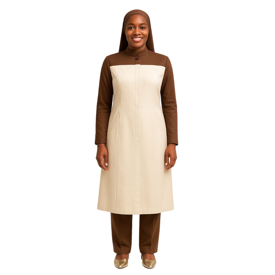 Woman wearing a brown and beige traditional outfit on a white background