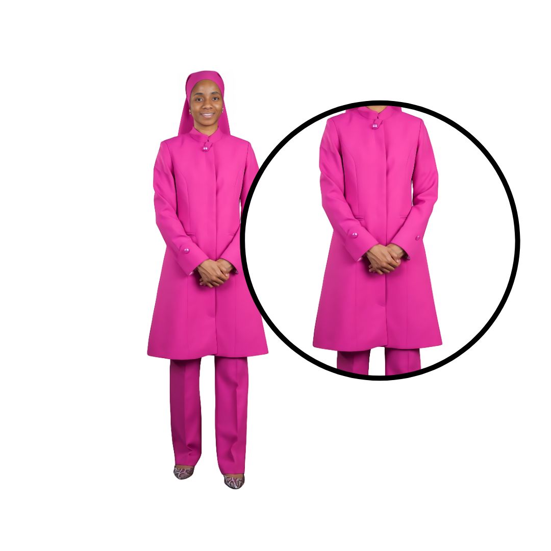 Zoomed-in view of Khadijah wearing a pink three-piece Nation of Islam women's modest clothing set from Kameelah's Closet, focusing on the jacket and its design details.