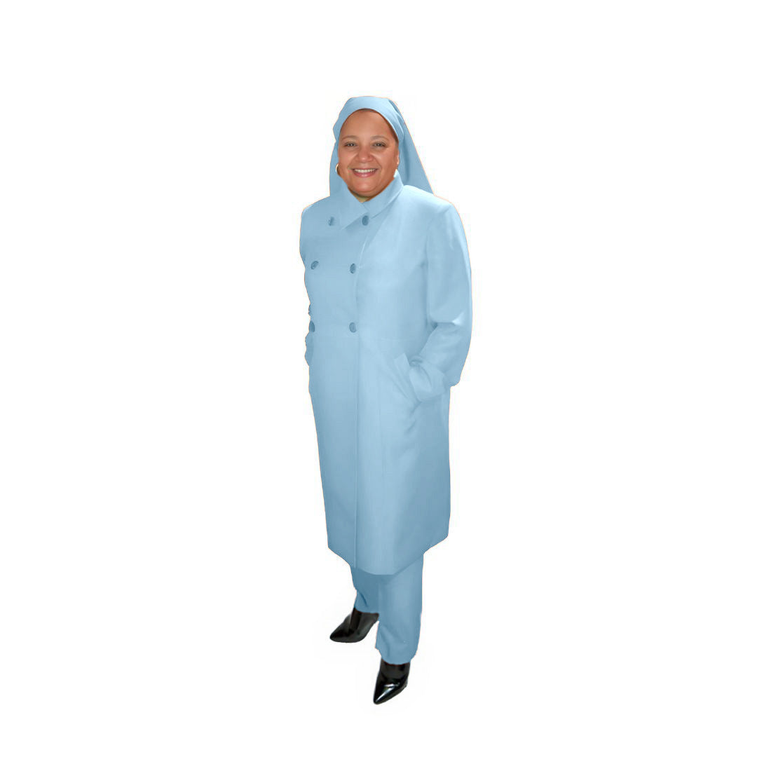 Full-body view of Leslie modeling the Leslie three-piece baby blue garment from a tilted front and side angle, designed for Muslim sisters in the Nation of Islam who value women's modest clothing.