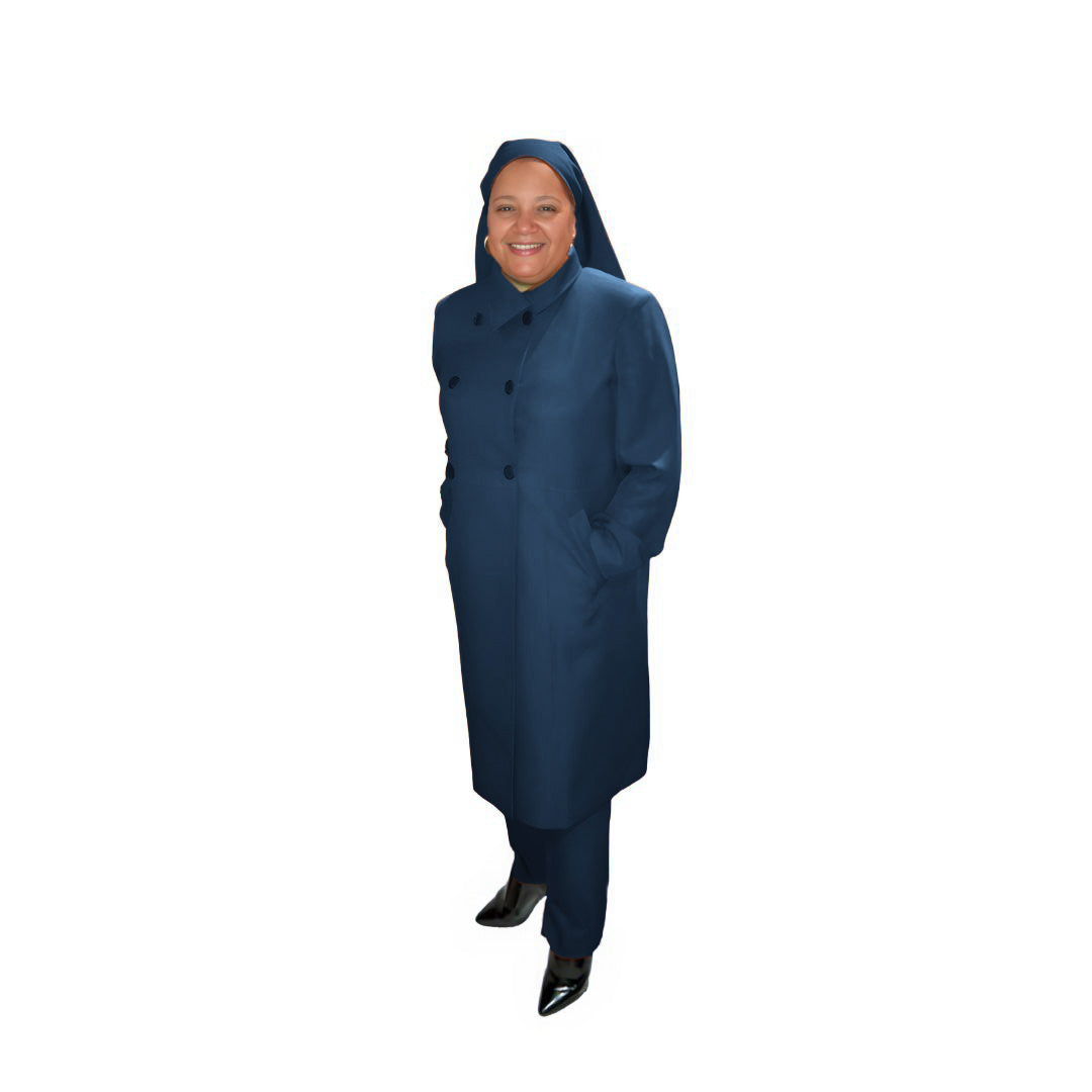 Full-body view of Leslie modeling the Leslie three-piece blue onyx garment from a tilted front and side angle, designed for Muslim sisters in the Nation of Islam who value women's modest clothing.