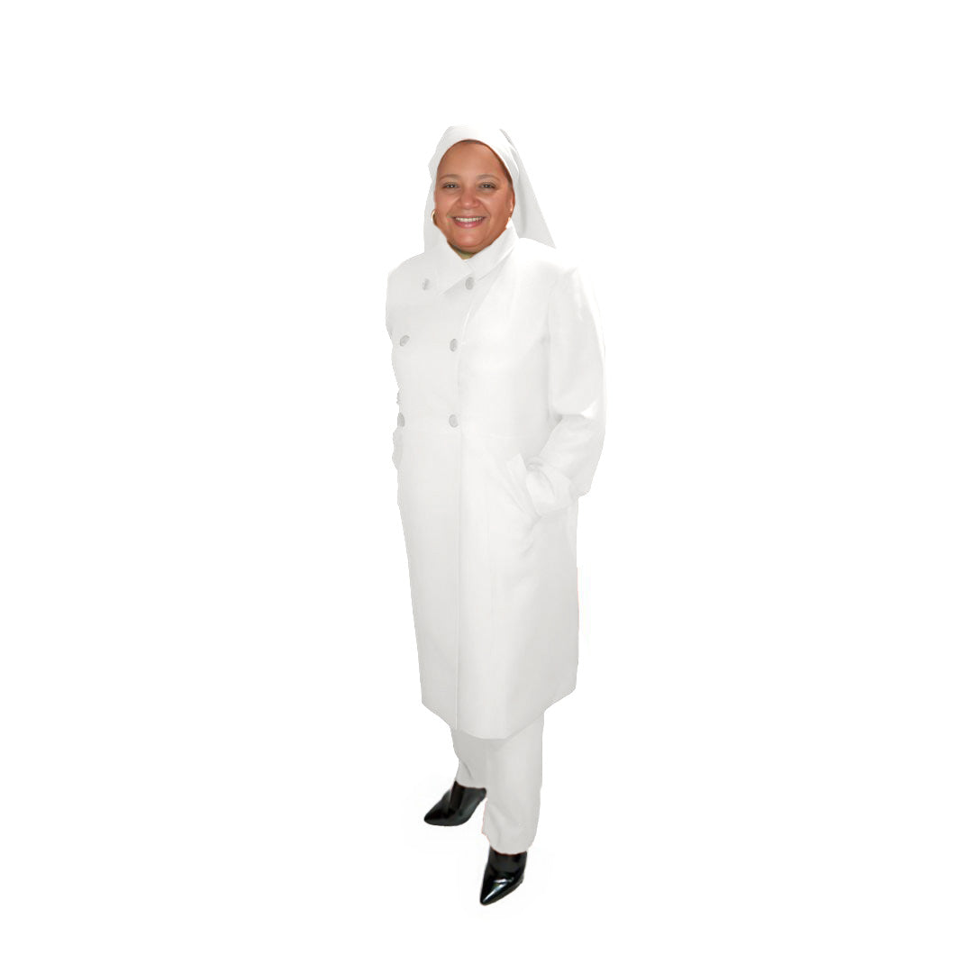 Full-body view of Leslie modeling the Leslie three-piece brilliant white garment from a tilted front and side angle, designed for Muslim sisters in the Nation of Islam who value women's modest clothing.