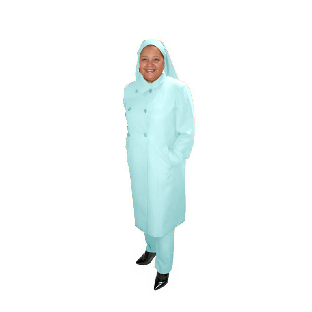 Full-body view of Leslie modeling the Leslie three-piece calm waters garment from a tilted front and side angle, designed for Muslim sisters in the Nation of Islam who value women's modest clothing.
