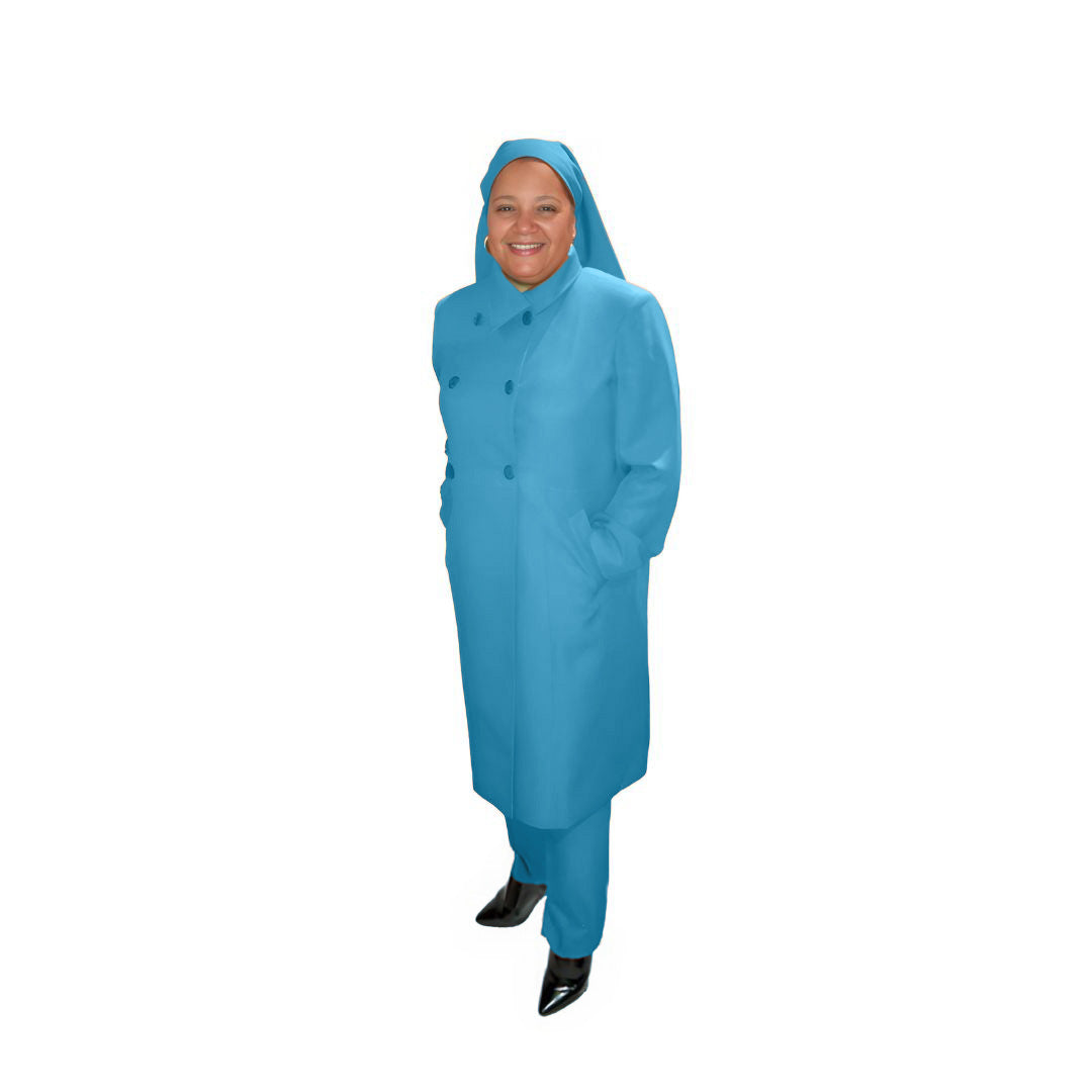 Full-body view of Leslie modeling the Leslie three-piece cerulean wave garment from a tilted front and side angle, designed for Muslim sisters in the Nation of Islam who value women's modest clothing.
