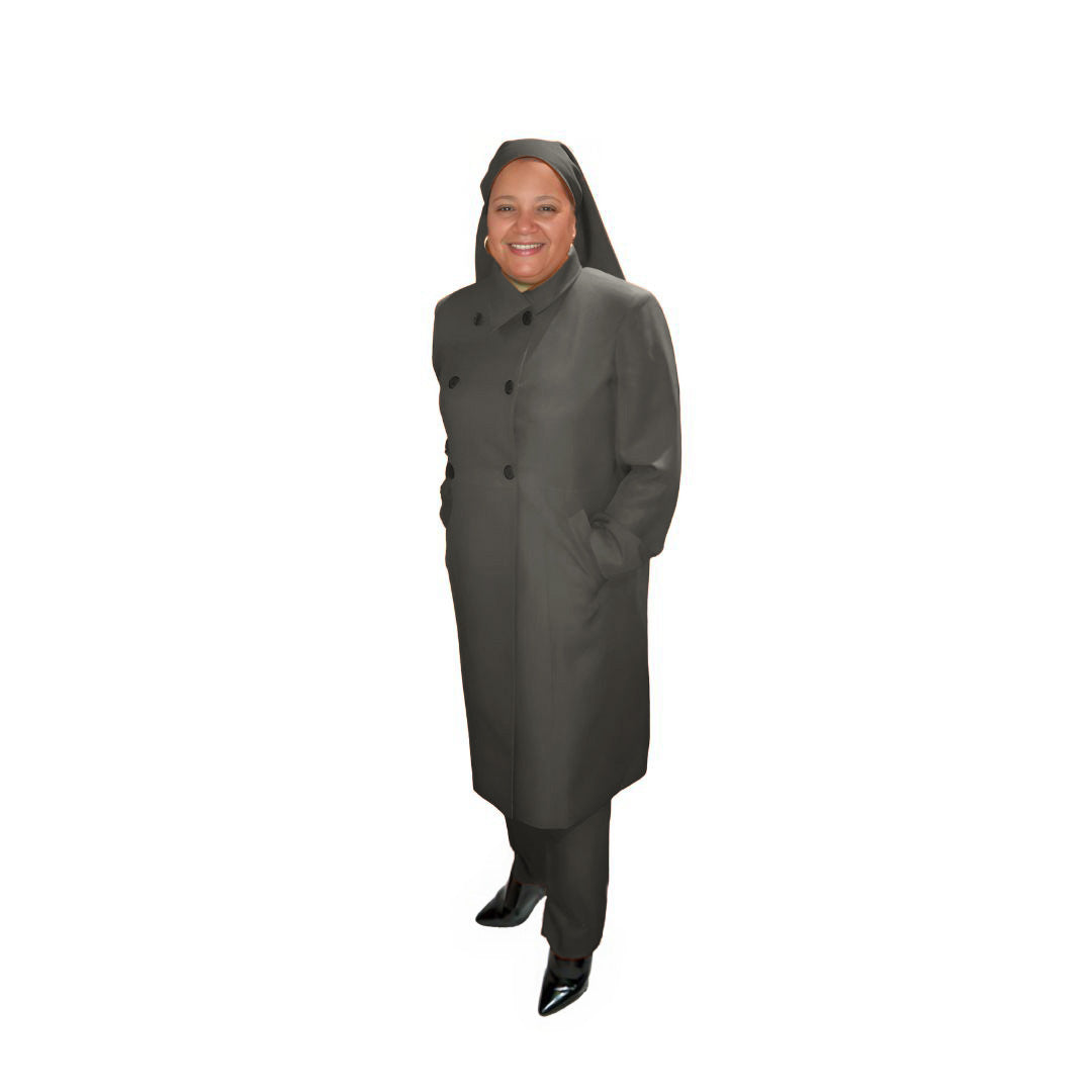 Full-body view of Leslie modeling the Leslie three-piece charcoal grove garment from a tilted front and side angle, designed for Muslim sisters in the Nation of Islam who value women's modest clothing.