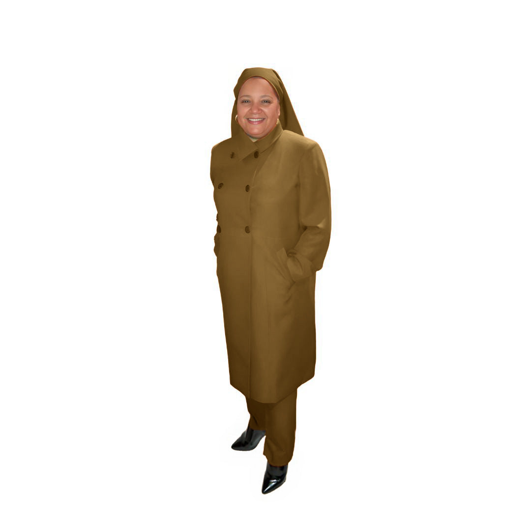 Full-body view of Leslie modeling the Leslie three-piece cocoa dreams garment from a tilted front and side angle, designed for Muslim sisters in the Nation of Islam who value women's modest clothing.