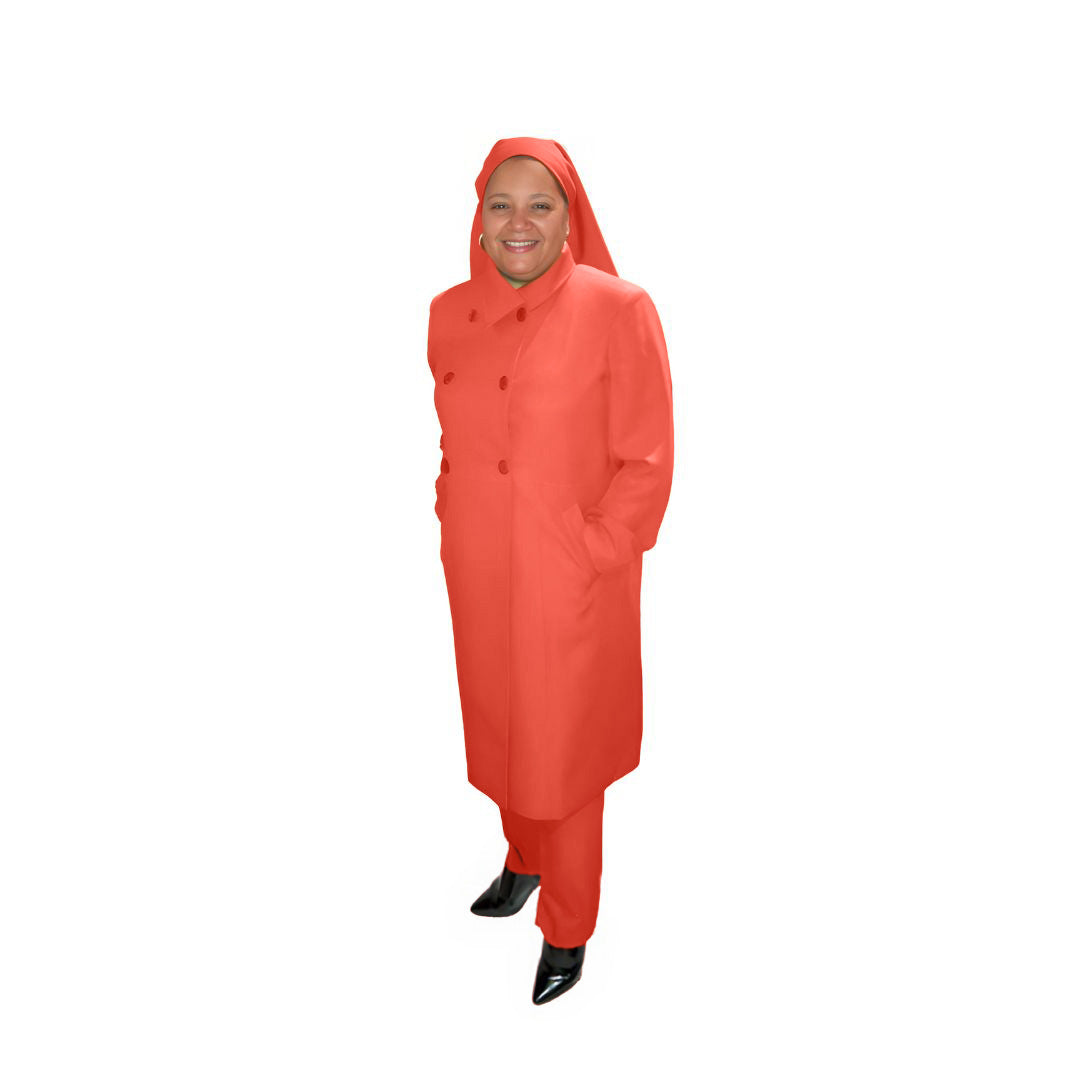 Full-body view of Leslie modeling the Leslie three-piece coral blaze garment from a tilted front and side angle, designed for Muslim sisters in the Nation of Islam who value women's modest clothing.