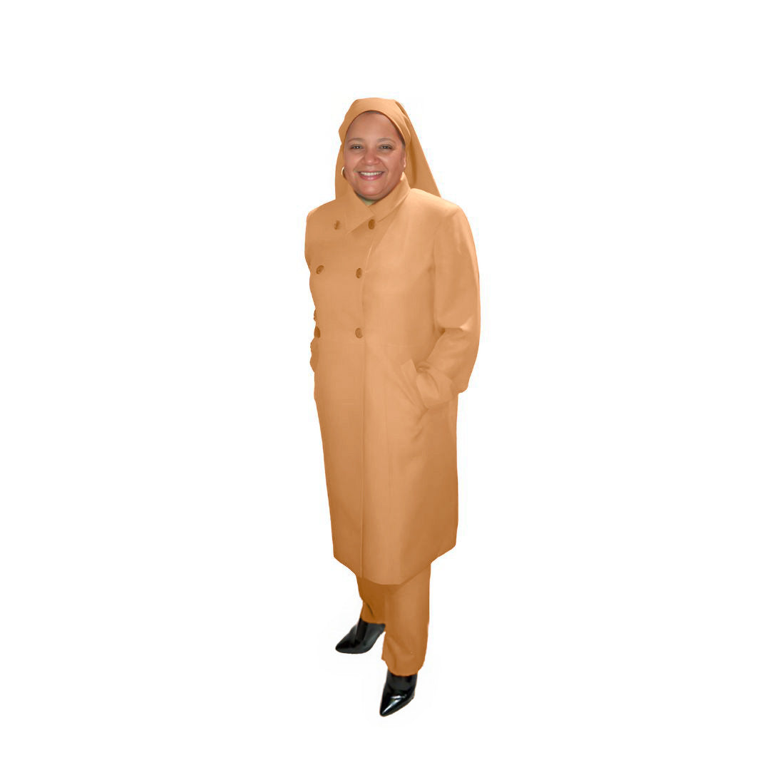 Full-body view of Leslie modeling the Leslie three-piece desert peach garment from a tilted front and side angle, designed for Muslim sisters in the Nation of Islam who value women's modest clothing.