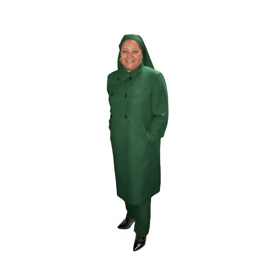Full-body view of Leslie modeling the Leslie three-piece evergreen essence garment from a tilted front and side angle, designed for Muslim sisters in the Nation of Islam who value women's modest clothing.