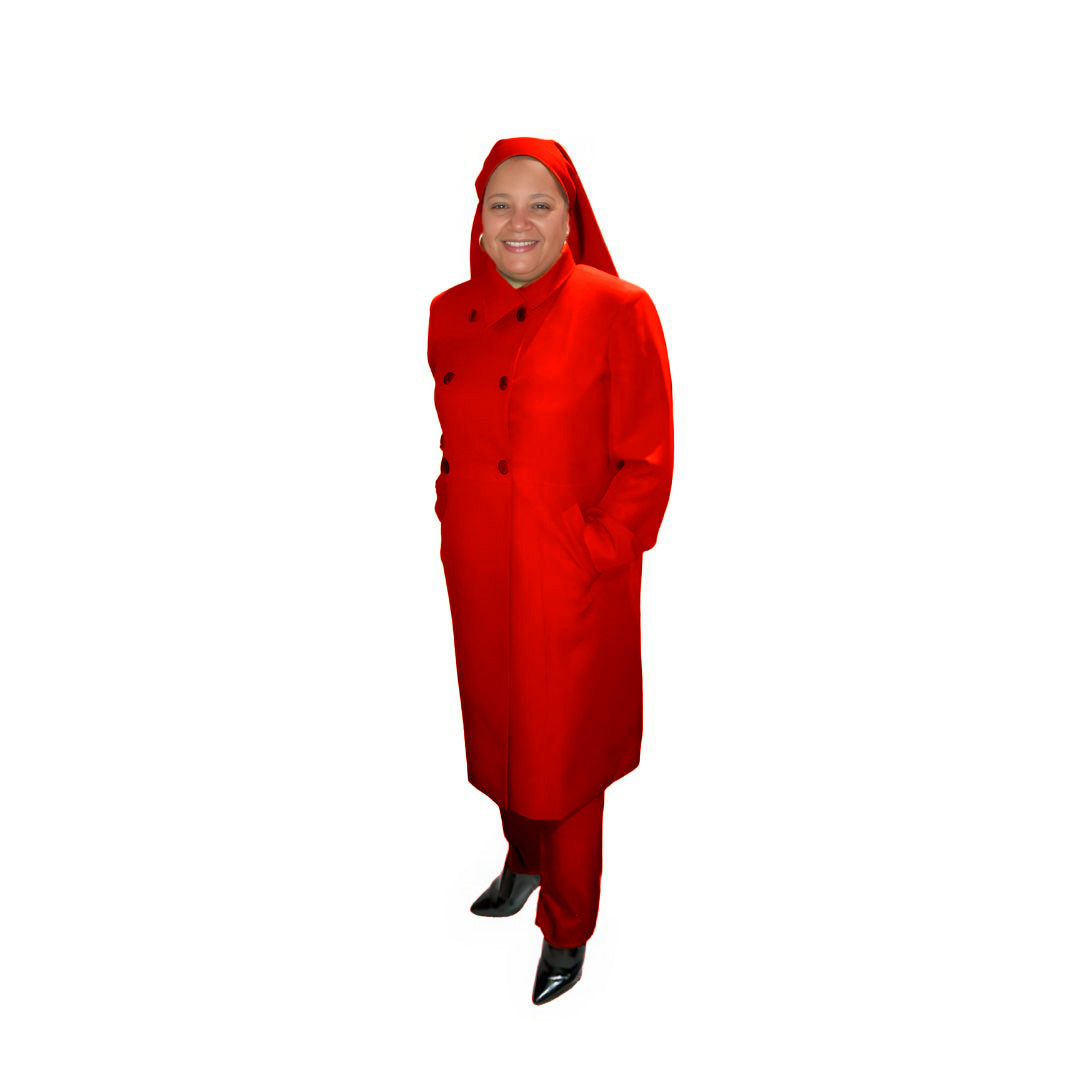 Full-body view of Leslie modeling the Leslie three-piece fiery coral garment from a tilted front and side angle, designed for Muslim sisters in the Nation of Islam who value women's modest clothing.