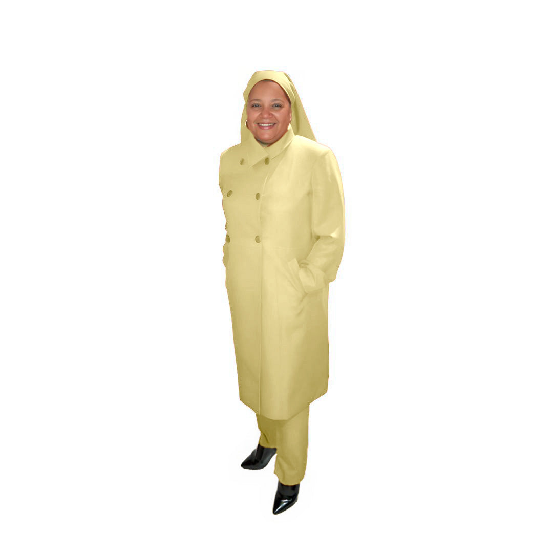 Full-body view of Leslie modeling the Leslie three-piece golden sand garment from a tilted front and side angle, designed for Muslim sisters in the Nation of Islam who value women's modest clothing.