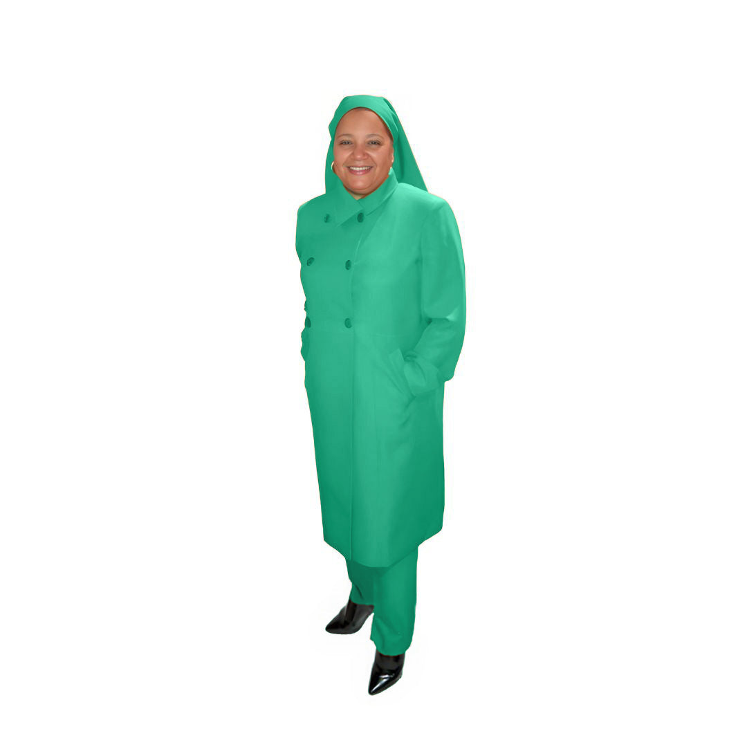 Full-body view of Leslie modeling the Leslie three-piece jade glow garment from a tilted front and side angle, designed for Muslim sisters in the Nation of Islam who value women's modest clothing.