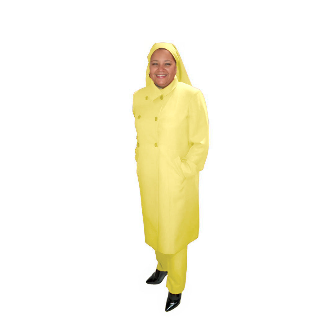 Full-body view of Leslie modeling the Leslie three-piece lemon zest garment from a tilted front and side angle, designed for Muslim sisters in the Nation of Islam who value women's modest clothing.