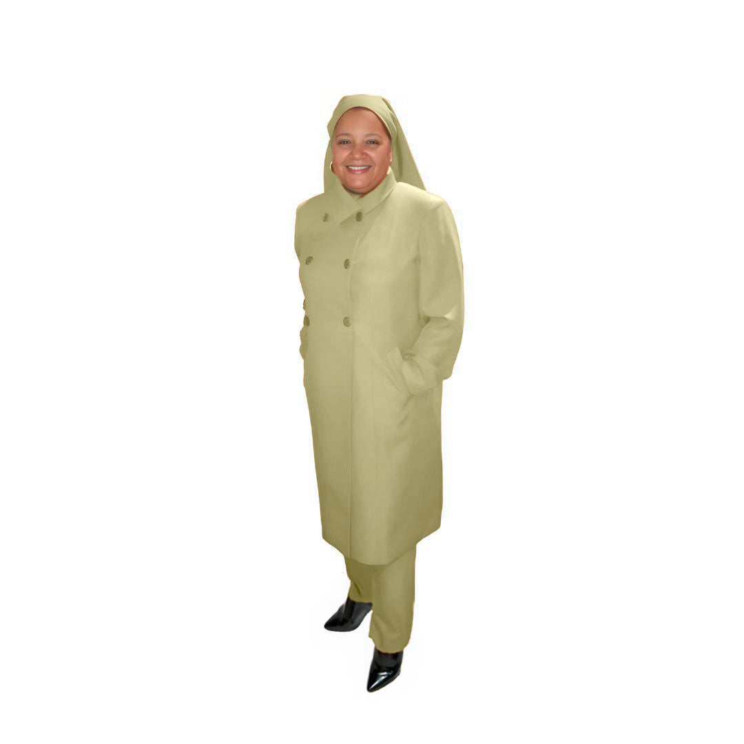 Full-body view of Leslie modeling the Leslie three-piece mushroom garment from a tilted front and side angle, designed for Muslim sisters in the Nation of Islam who value women's modest clothing.