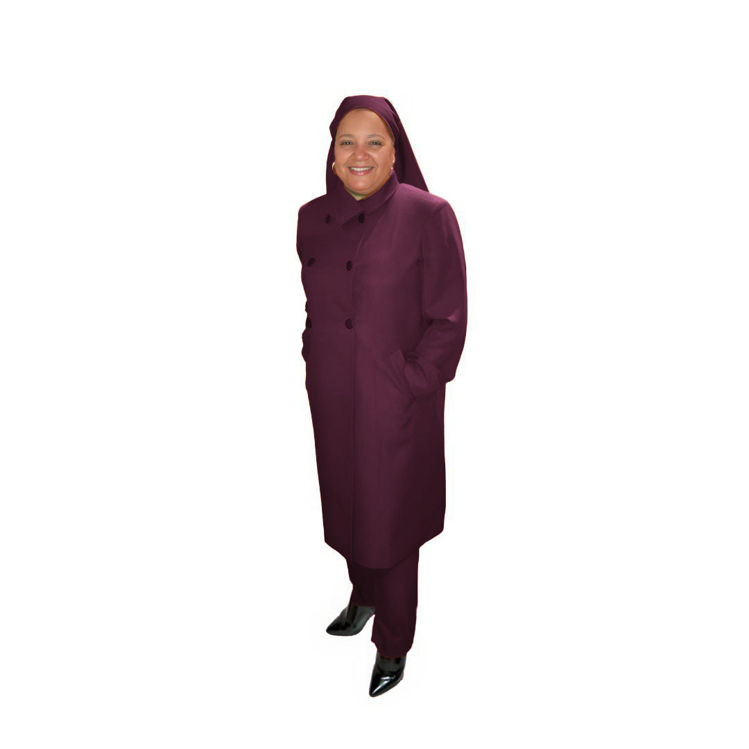 Full-body view of Leslie modeling the Leslie three-piece mystic berry garment from a tilted front and side angle, designed for Muslim sisters in the Nation of Islam who value women's modest clothing.