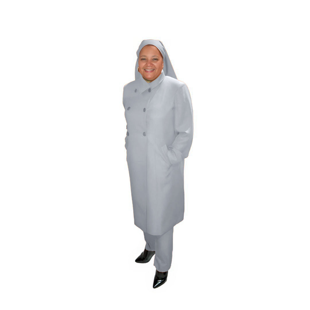 Full-body view of Leslie modeling the Leslie three-piece northern droplet garment from a tilted front and side angle, designed for Muslim sisters in the Nation of Islam who value women's modest clothing.