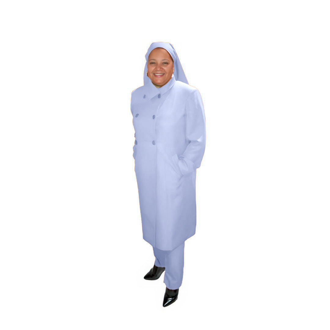 Full-body view of Leslie modeling the Leslie three-piece pale periwinkle garment from a tilted front and side angle, designed for Muslim sisters in the Nation of Islam who value women's modest clothing.