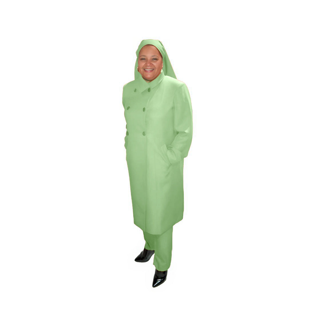 Full-body view of Leslie modeling the Leslie three-piece sage whisper garment from a tilted front and side angle, designed for Muslim sisters in the Nation of Islam who value women's modest clothing.