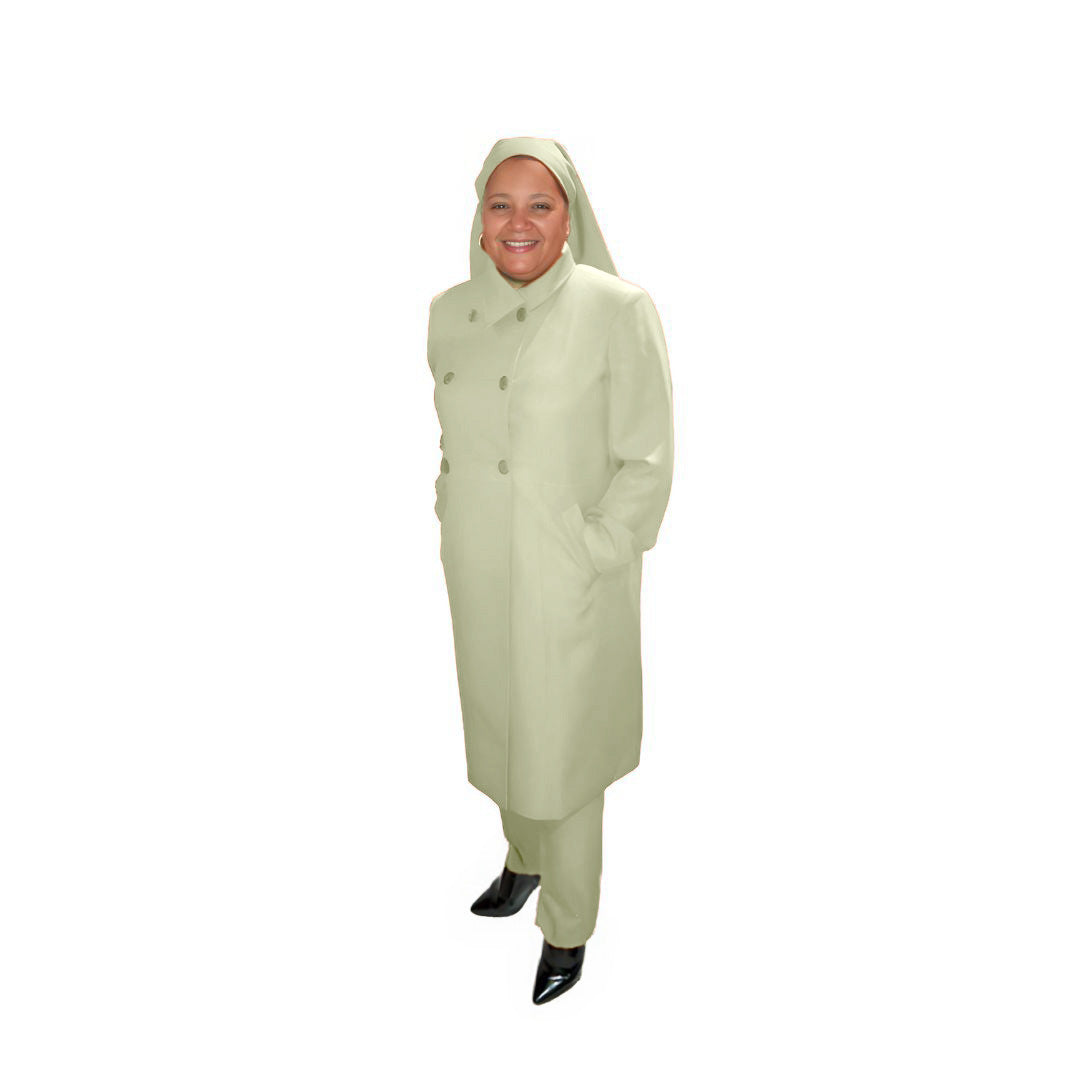 Full-body view of Leslie modeling the Leslie three-piece pearl whisper garment from a tilted front and side angle, designed for Muslim sisters in the Nation of Islam who value women's modest clothing.